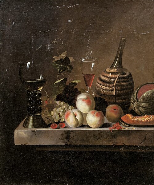 Still Life with Fruit, a Wine Flask in a Basket and a Large Roemer, , Jakob Bogdani