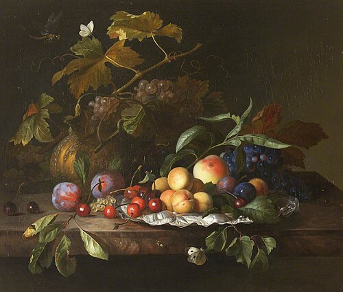 A Melon, Grapes, Apples, Peaches, Plums, Apricots, Cherries, and Insects on a Ledge, , Jakob Bogdani