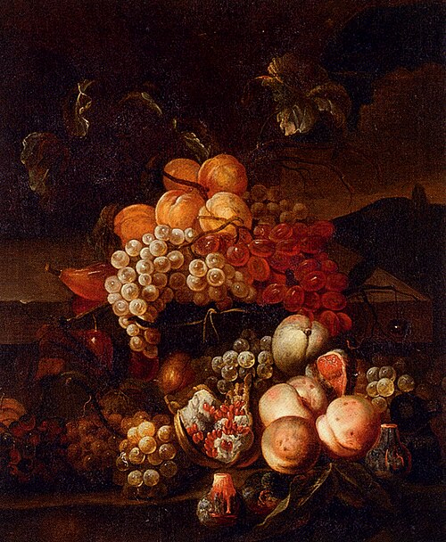 Still Life Of Grapes, Peaches, And Figs With A Landscape Beyond, , Jakob Bogdani