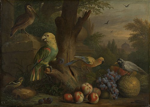 Birds and Fruit in a Landscape, 1709, Jakob Bogdani