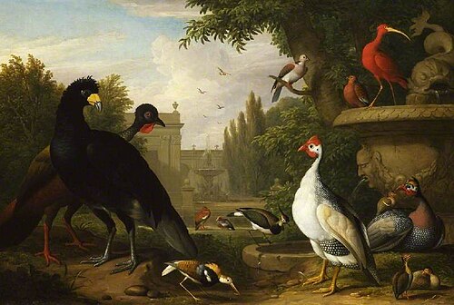 Exotic fowl in an ornamental garden beside a stone vase, a fountain beyond, , Jakob Bogdani