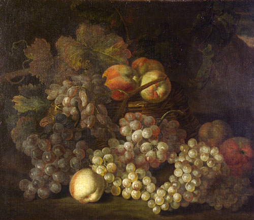 Fruit in a Wicker Basket: Grapes and Peaches, 1700, Jakob Bogdani