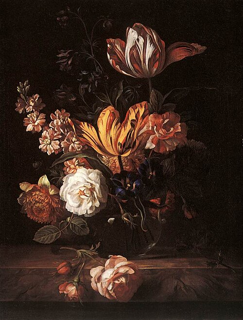 Flowers in a glass vase, 1700, Jakob Bogdani