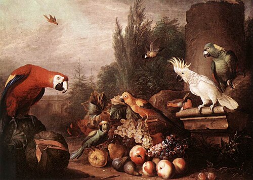 Still-life with Fruits, Parrots and White Cockatoo, 1710, Jakob Bogdani