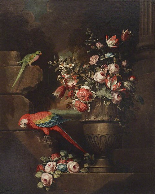 Still Life with Flowers in an Urn and Two Parrots, 1764, Jakob Bogdani