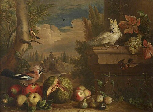 Birds and Fruit in a Landscape with a Fountain in the background, 1702, Jakob Bogdani