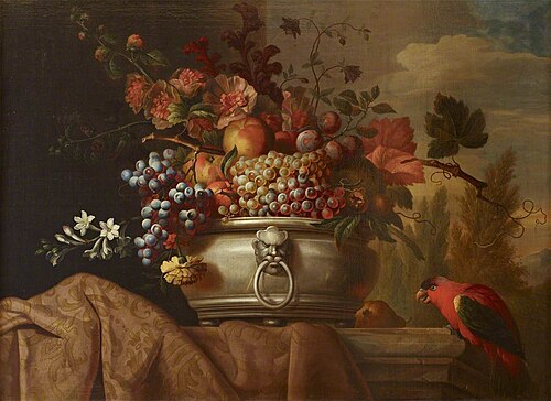 Fruit in a Pewter Bowl with a Parrot, 1702, Jakob Bogdani