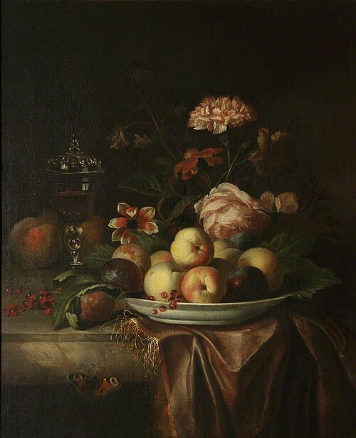 A Dish of Peaches and Plums on a Marble Table with Flowers and a Glass Chalice, 1697, Jakob Bogdani
