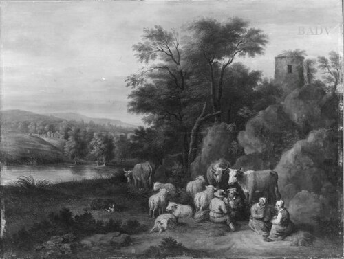 Flusslandschaft mit Hirten und Vieh, 1701, Théobald Michau