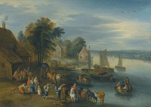 A River Landscape with Villagers Unloading Their Boats, , Théobald Michau
