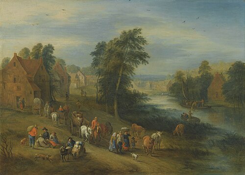 A River Landscape with Villagers and Carts on a Path, , Théobald Michau