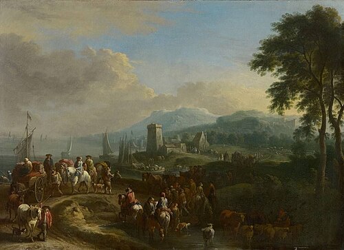 Bucht vor einer kleinen Küstenstadt, 1716, Théobald Michau