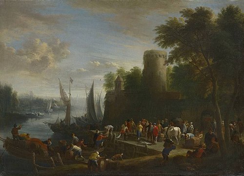 Flussmündung mit Anlegestelle und Turm, 1716, Théobald Michau