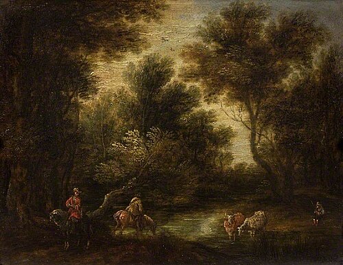 Wooded landscape with stream and figures, , Théobald Michau