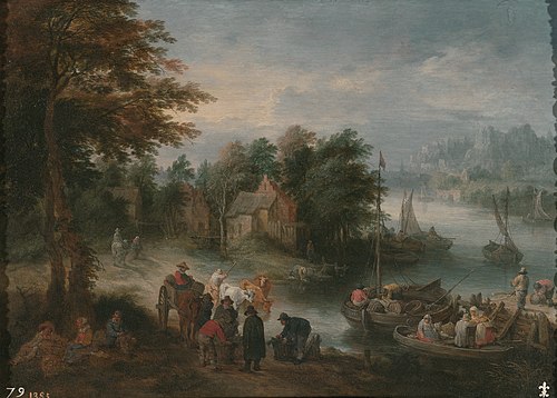 River with people and cattle, 1685, Théobald Michau