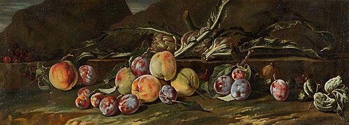 Still life in a landscape with peaches, plums and artichoke, 1694, Aniello Ascione