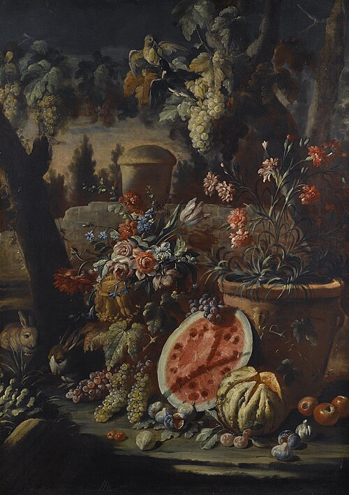 Carnations in a terracotta pot, with grapes, watermelon and other fruit in a landscape, 1694, Aniello Ascione