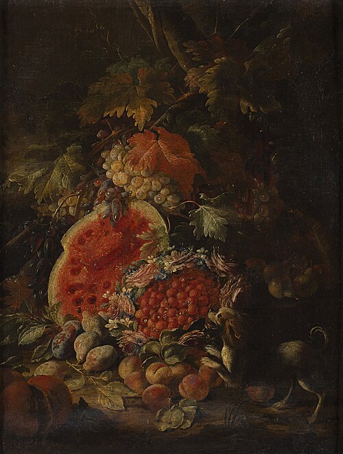Still life with Grapes, Pumpkins, Peaches, Plums and Pears., 1694, Aniello Ascione