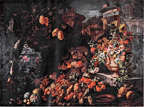 Still life with fruit, flowers, sculpted vase, fountain and architecture, 1694, Aniello Ascione