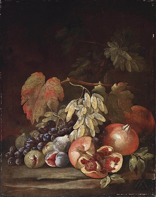 Still life of grapes, figs and pomegranates, 1694, Aniello Ascione
