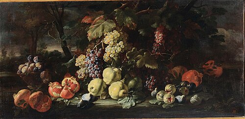 Still life of fruit in a landscape, 1694, Aniello Ascione