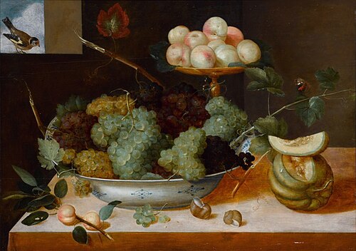 Still life with grapes in a porcelain dish and peaches on a tazza, with melons and snails, , Peter Binoit