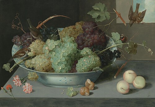 Still-life with grapes in a bowl, sparrows, and a butterfly, 1618, Peter Binoit