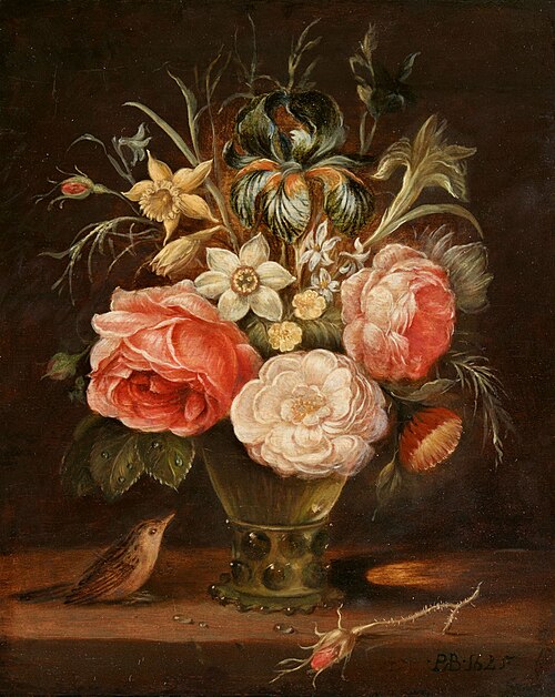 Flower Still Life in a Glass Vase with a Bird, 1625, Peter Binoit