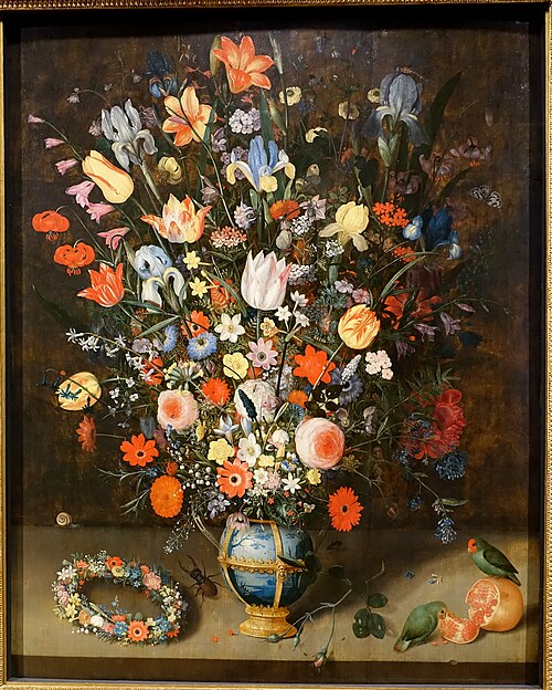 Large bunch of flowers with two parrots, 1620, Peter Binoit