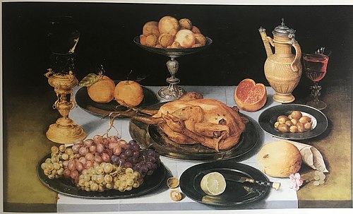 Laid table with goblet holder and roast chicken, 1610, Peter Binoit