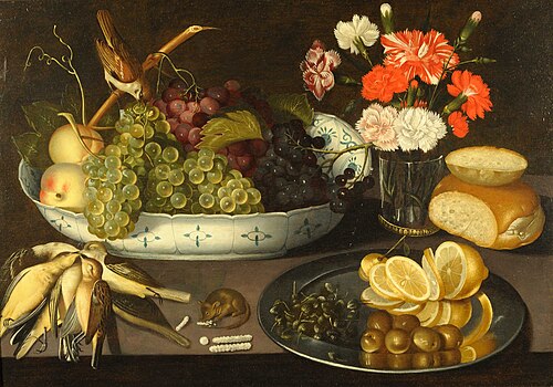 Still Life of Grapes and Peaches on a Porcelain Bowl, 1615, Peter Binoit