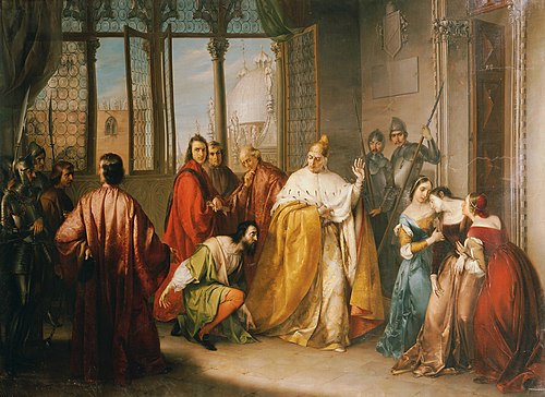 Der Doge Francesco Foscari schickt seinen Sohn Giacomo in die Verbannung ("I due Foscari"), 1838, Girolamo Michelangelo Grigolet