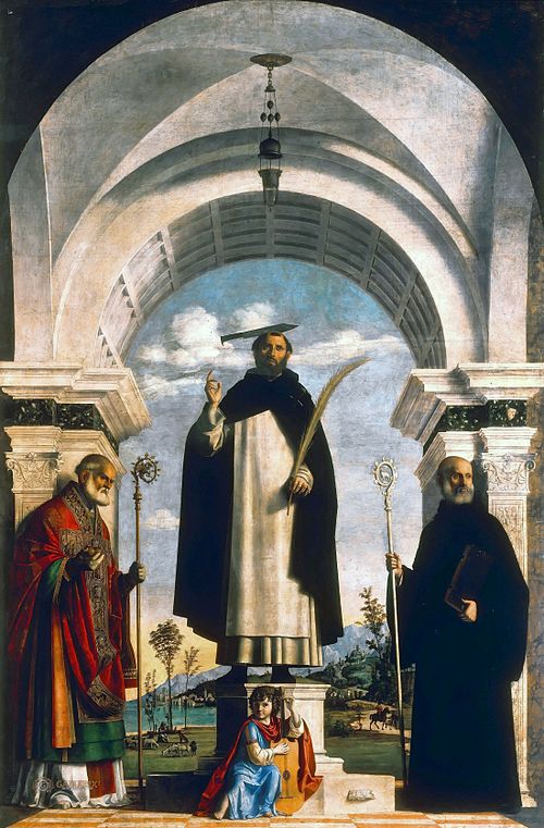 St Peter Martyr with St Nicholas of Bari, St Benedict and an Angel Musician, 1500, Giovanni Battista Cima da Cone