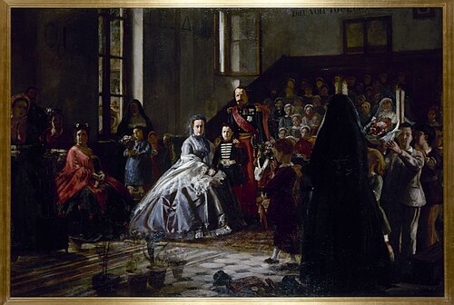 L'Empereur, l'Impératrice et le prince impérial visitant une salle d'asile à Fontainebleau, 1867, Auguste Victor Pluyette