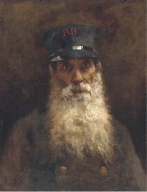 Portrait of a Chelsea Pensioner, quarter-length, in full-uniform, 1871, Hubert Vos