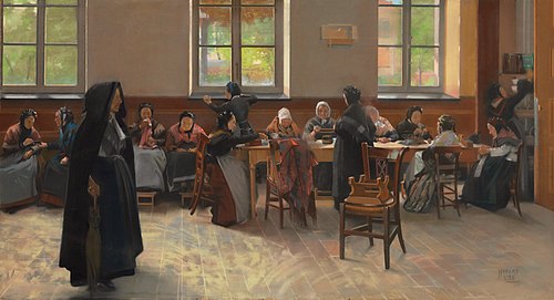 The Knitting Room, 1889, Hubert Vos