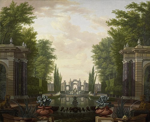 Statues and buildings on the water in a park, 1722, Isaac de Moucheron