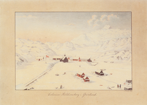The colony Holsteinsborg in Greenland., 1845, Jacob Arøe