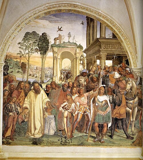 Vie de saint Benoît, Scène 12 Benoît reçoit deux jeunes Romains, Maur et Placide, 1505, Le Sodoma