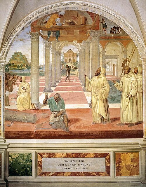 Vie de saint Benoît, Scène 11 Benoît fait édifier douze monastères, 1505, Le Sodoma