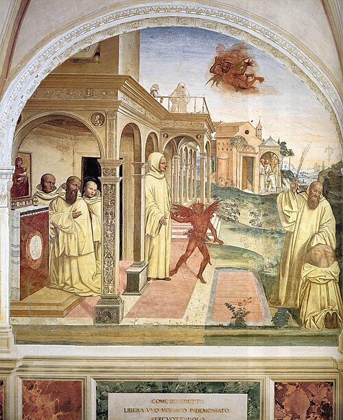 Vie de saint Benoît, Scène 13 Benoît libère un moine possédé par le démon, 1505, Le Sodoma