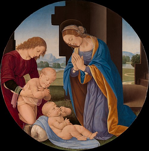 Adoration de l'Enfant avec Marie, petit Saint Jean le Baptiste et un ange, 1490, Lorenzo di Credi