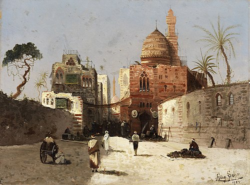 Orientalische Straßenszene mit Moschee, Minarett und Händlern auf einem Vorplatz., 1885, Wilhelm Sohn