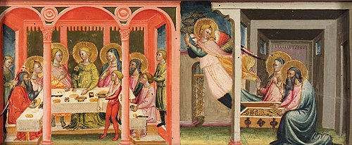 Scenes from the story of Tobias (marriage of Tobias and Sara; the archangel leaves Tobit and Anna), , Bicci di Lorenzo