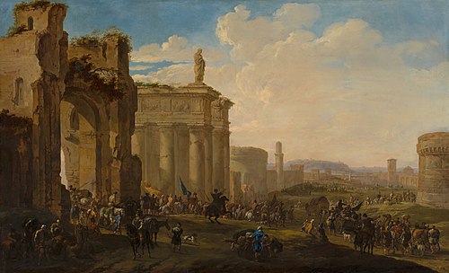Army Advancing among Roman Ruins, 1671, Jacob van der Ulft
