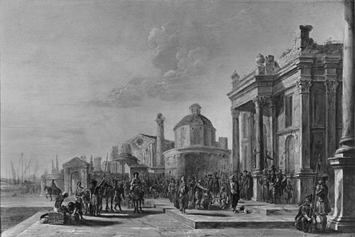 Townscape with an unidentified scene, 1675, Jacob van der Ulft