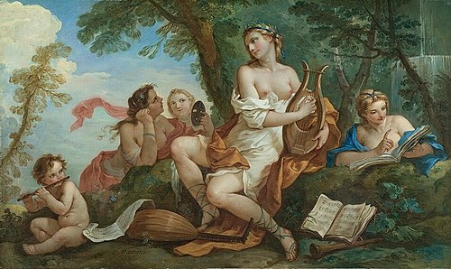 Érato jouant la sérénade pour Thalia, Euterpe et Melpomène, 1738, Charles-Joseph Natoire