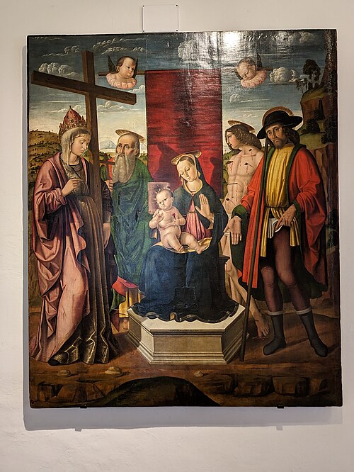 Madonna col Bambino in trono fra i santi Elena, Zaccaria, Sebastiano e Rocco, 1486, Giovanni Santi