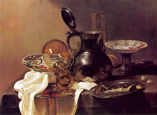 Still life with tin and porcelain tableware, 1640, Jan Jansz. den, the elder Uyl