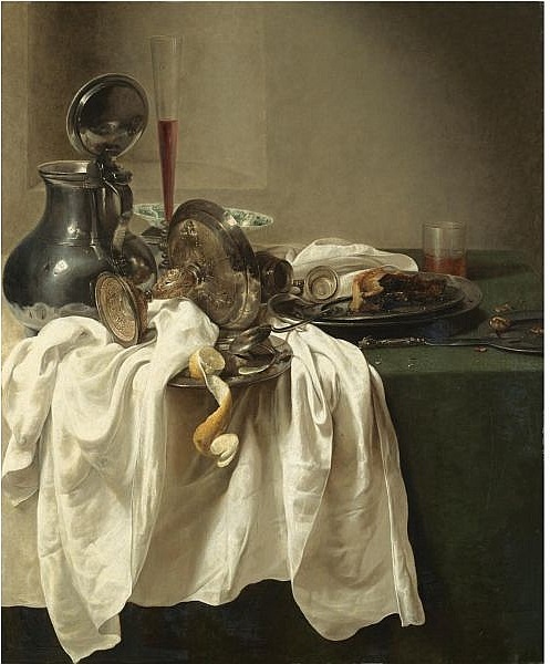 Still life with a pewter jug and an overturned tazza, a porcelain bowl, wine glass, a partly-peeled , 1640, Jan Jansz. den, the elder Uyl